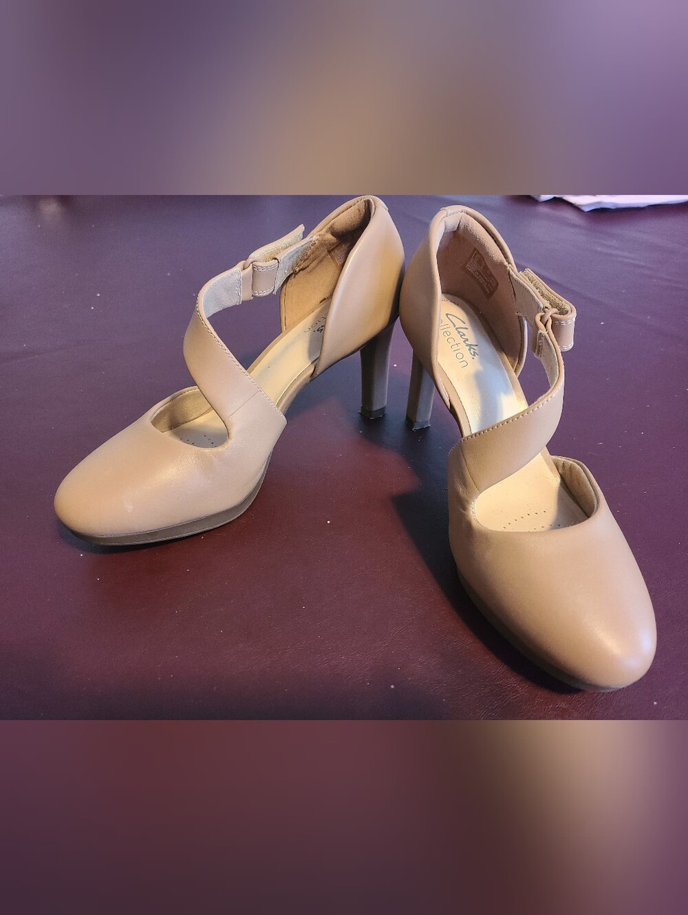 Clarks Taupe Cross-Strap High Heel Pumps